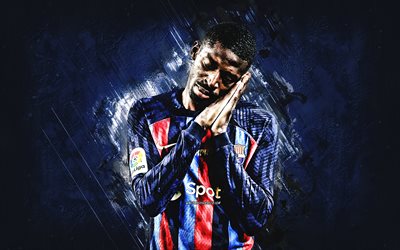 Ousmane Dembele, FC Barcelona, La Liga, French football player, forward, portrait, blue stone background, football