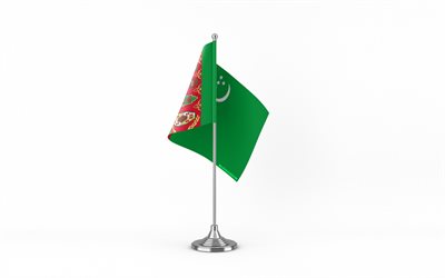 4k, drapeau de table turkménistan, fond blanc, drapeau du turkménistan, drapeau de table du turkménistan, drapeau turkmène sur bâton de métal, symboles nationaux, turkménistan