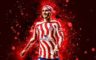 Antoine Griezmann, 4k, 2023, red neon lights, Atletico Madrid FC, LaLiga, football, french footballers, soccer, Antoine Griezmann 4K, red abstract background, La Liga, Antoine Griezmann Atletico Madrid