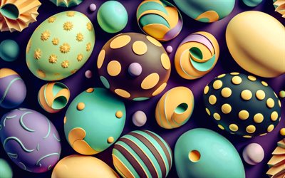 huevos de pascua, felices pascuas, 4k, fondo de pascua, arte de pascua 3d, fondo con huevos de pascua, plantilla de pascua