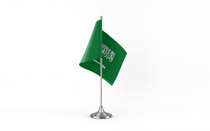 4k, saudi arabian pöytälippu, valkoinen tausta, saudi arabian lippu, saudi arabian lippu metallitikulla, kansalliset symbolit, saudi arabia