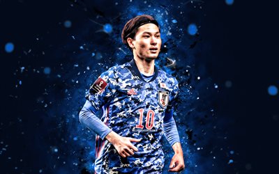 Takumi Minamino, 4k, blue neon lights, Japan National Football Team, soccer, footballers, blue abstract background, Japanese football team, Takumi Minamino 4K