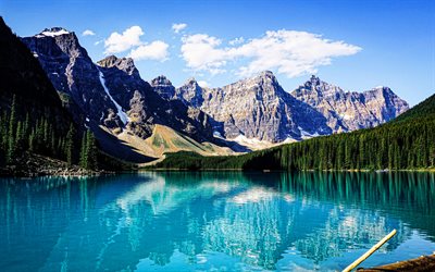 4k, Moraine Lake, Alberta, forest, HDR, blue lakes, canadian landmarks, mountains, Valley of the Ten Peaks, Banff National Park, summer, travel concepts, Canada, Banff