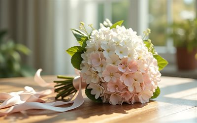 bröllopsbukett av vita hortensior, brudbukett, vita hortensior, vit bröllopsbukett, bröllop koncept, hortensia bukett, bröllop, hortensior