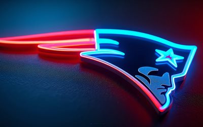 ニューイングランド・ペイトリオッツのネオンロゴ, 4k, 青い背景, nba, ネオンアート, ニューイングランド・ペイトリオッツのエンブレム, アメリカ合衆国, ニューイングランド・ペイトリオッツ, アメフト, ニューイングランド・ペイトリオッツのロゴ, nfl