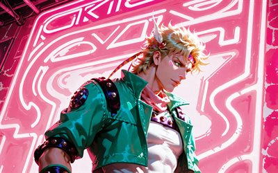 Caesar Anthonio Zeppeli, 4k, pink neon rays, JoJos Bizarre, manga, pink abstract background, Shiza Antonio Tseperi, JoJos Bizarre characters, Caesar Anthonio Zeppeli JoJos Bizarre