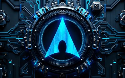 arch linux blå logotyp, 4k, blå högteknologisk bakgrund, ledare, elektronikmärken, kreativ, arch linux logotyp på mikrokrets, varumärken, arch linux glödande logotyp, linux, konstverk, arch linux logotyp, arch linux