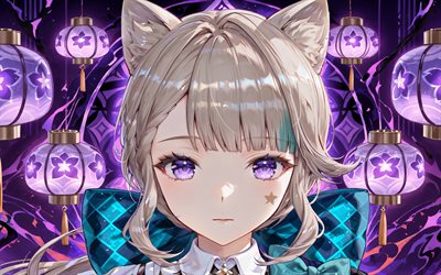lynette, 4k, fondo abstracto morado, creativo, impacto de genshin, linternas japonesas, personajes de anime, lynn, netti, lina, personajes de impacto de genshin, impacto de lynette genshin