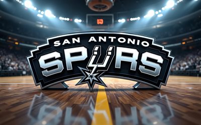 4k, san antonio spurs metalllogga, mörker, basketstadion bakgrund, nba, kreativ, basketboll, san antonio spurs logotyp, san antonio spurs 3d logotyp, amerikansk basketlag, san antonio spurs