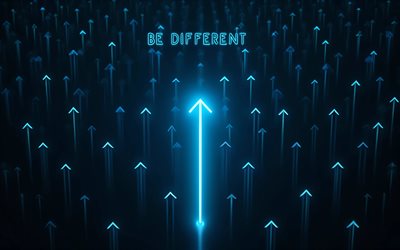 Be different, 4k, blue neon arrow, creative, Be different concepts, darkness, arrows patterns, Be different inscription, artwork, Be different art