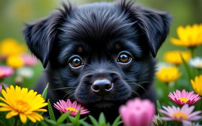 cachorro affenpinscher, 4k, primavera, bokeh, perros, animales lindos, cachorros, mascotas, affenpinscher, flores de primavera, cachorro en el césped, perro affenpinscher