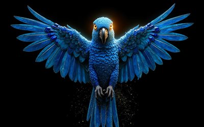 ara giacinto con le ali spiegate, 4k, ara giacinto, pappagalli, gemme blu, ara, sfondo nero, bellissimi uccelli, pappagallo blu