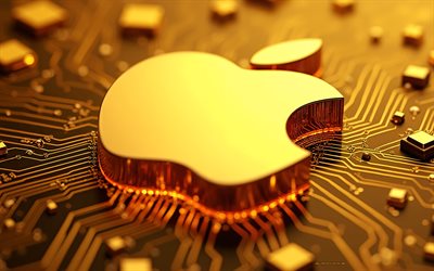 Apple gold metal logo, 4k, gold technology background, Apple logo, Apple gold emblem, Apple 3D logo, Apple gold metal sign, Apple, gold Apple logo