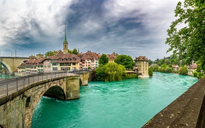 berna, primavera, nydeggbrucke, untertorbrucke, il fiume aare, paesaggio urbano di berna, aare, ponti di pietra, svizzera, ponte con architrave ad arco