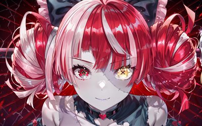 4k, kureiji ollie, kırmızı soyut arka plan, dikişler, sanal youtuber, zombi, vtuber, sanat eseri, hololive, heterokromi, manga, kureiji ollie kanalı