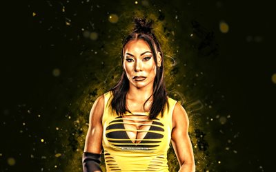 michin, 4k, gelbe neonlichter, wwe, kreativ, amerikanischer wrestler, mia yim, nxt, gelber abstrakter hintergrund, world wrestling entertainment, ringer, michin 4k