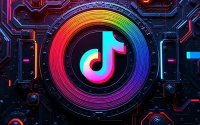 TikTok abstract logo, 4k, dark hi-tech background, colorful neon lights, conductors, microcircuit, social networks, TikTok 3D logo, brands, TikTok colorful logo, artwork, TikTok logo, TikTok
