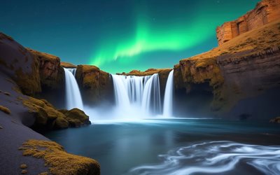 cascada, aurora boreal, paisaje de montaña, rocas, noche, hermosa cascada, islandia