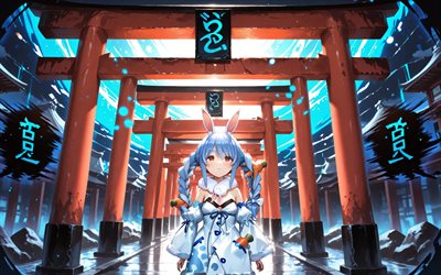 4k, usada pekora, puertas torii, noche, youtuber virtual, resplandor azul, zanahorias, vtuber, creativo, hololive, manga, canal usada pekora, youtuber virtual usada pekora