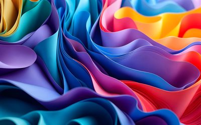 ondas 3d coloridas, 4k, texturas 3d, ondas de papel, projeto de materiais, arte em papel, abstração colorida, curvas 3d coloridas, fundo ondulado abstrato, curvas abstratas, obra de arte, ondas abstratas, fundos abstratos