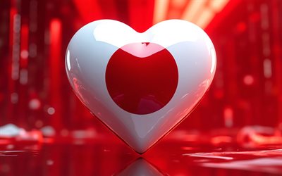jag älskar japan, 4k, röd abstrakt bakgrund, bokeh, digital konst, japans dag, kreativ, japans flagga, 3d konst, hjärta med japansk flagga, 3d hjärtan, japanska flaggan, japan, kärlek till japan