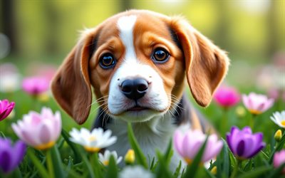 4k, cachorro beagle, flores coloridas, primavera, bokeh, perros, animales lindos, cachorros, mascotas, beagle, de cerca, flores de primavera, cachorro en el césped, perro beagle