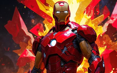 4k, 철인, 창의적인, 빨간색 노란색 추상적 인 배경, 마블 코믹스, 슈퍼 히어로, 아이언맨 아트, 아이언맨 4k, 아이언맨