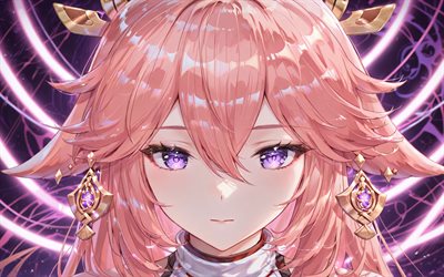 4k, Yae Miko, purple neon rays, darkness, Genshin Impact, violet abstract background, violet eyes, artwork, manga, protagonist, Genshin Impact characters, umbrella, Guuji, Yae Miko Genshin Impact