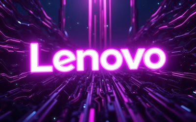 4k, leuchtendes lenovo logo, digitale kunst, lila high tech hintergrund, dirigenten, elektronikmarken, kreativ, marken, lenovo neon logo, kunstwerk, lenovo logo, lenovo