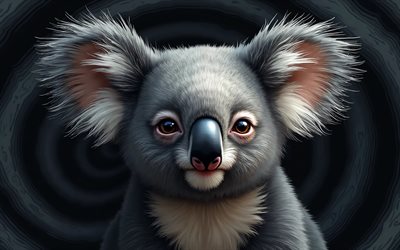 4k, koala dipinto, sfondo astratto grigio, animali disegnati, opera d'arte, koala arte, animali astratti, koala, animali dei cartoni animati