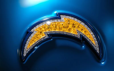 logotipo de cristal de los angeles chargers, 4k, fondo azul, logotipo de los ángeles chargers, arte de cristal, emblema de los chargers de los ángeles, eeuu, cargadores de los ángeles, fútbol americano, nfl