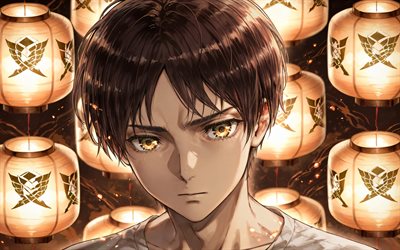 4k, Eren Jaeger, japanese lanterns, Attack on Titan, brown abstract background, green eyes, manga, Shingeki no Kyojin, anime characters, protagonist, Attack on Titan characters, Eren Jaeger Attack on Titan