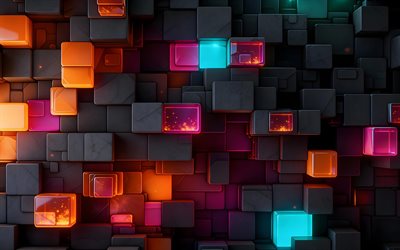 4k, figuras coloridas en 3d, cubos, fondo oscuro 3d, prismas, paralelepípedos, patrones 3d, fondos 3d, formas geométricas, geometría, creativo, fondos abstractos oscuros, figuras geométricas