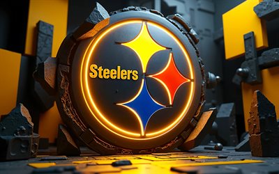 4k, logo 3d des steelers de pittsburgh, anneaux de néon jaune, fond 3d jaune noir, nfl, football américain, logo des steelers de pittsburgh, logo en pierre des steelers de pittsburgh, équipe de football américain, steelers de pittsburgh