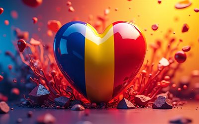 ich liebe rumänien, 4k, rote spritzer, bunter 3d hintergrund, bokeh, tag rumäniens, flagge rumäniens, herz mit rumänischer flagge, rumänische flagge, rumänien, liebe zu rumänien