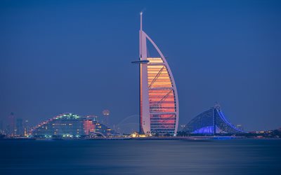 Burj Al Arab, Dubai, evening, sunset, The Jumeirah Burj Al Arab, Persian Gulf, UAE, United Arab Emirates, Dubai cityscape, Dubai skyline