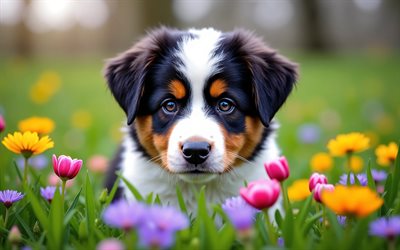 australiano, 4k, flores coloridas, cachorro de pastor australiano, primavera, bokeh, perros, animales lindos, cachorros, mascotas, flores de primavera, cachorro en el césped, pastor australiano