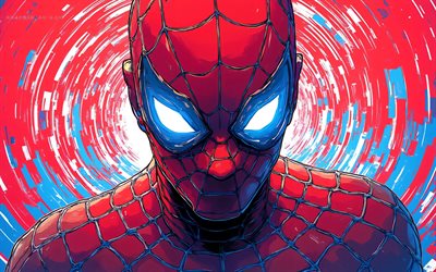 hombre araña, 4k, arte abstracto, superhéroes, fondo de anillos de colores, cómics marvel, arte del hombre araña, obra de arte, hombre araña 4k