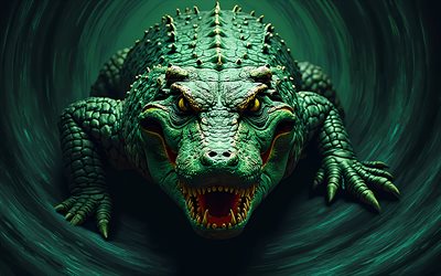4k, coccodrillo dipinto, sfondo astratto verde, animali disegnati, opera d'arte, arte del coccodrillo, animali astratti, coccodrillo, animali dei cartoni animati, coccodrilli