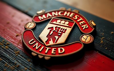 Manchester United FC wooden logo, 4k, red wooden background, Premier League, Manchester United logo, Manchester United FC logo, Manchester United FC emblem, England, Manchester United FC