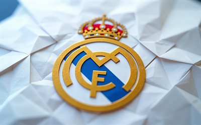 Real Madrid paper logo, white paper background, Real Madrid emblem, Real Madrid logo, white origami background, Real Madrid sign, La Liga, Spain, football, Real Madrid, Real Madrid CF logo, Real Madrid CF