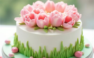 Spring cake, pink tulips, cake decorated with pink tulips, spring cake ideas, baking, sweets, cakes