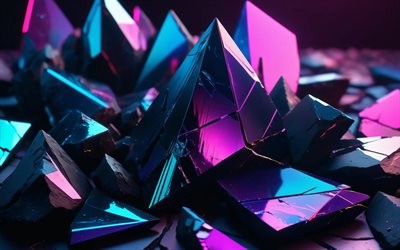 cristaux violets, 4k, textures naturelles, gros plan, pyramides, cônes, géométrie, art 3d, cristaux