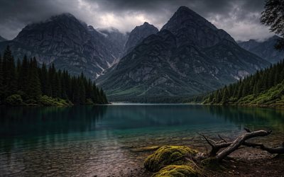 lago de montaña, noche, atardecer, lago glacial, montañas, alpes, lago esmeralda, paisaje de montaña, rocas, hermosos lagos