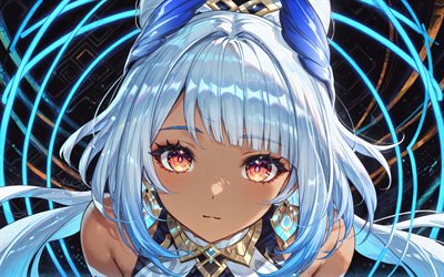 4k, mualani, anillos de neón azules, oscuridad, impacto de genshin, manga, personajes de anime, personajes de impacto de genshin, impacto de mualani genshin