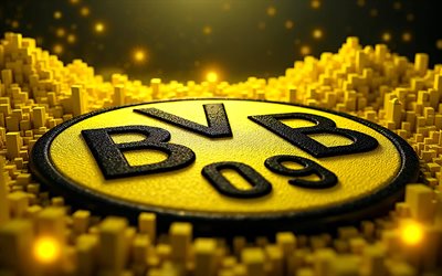 4k, logo 3d del borussia dortmund, bokeh, sfondo giallo 3d, bundesliga, calcio, lo stemma del borussia dortmund, bvb, squadra di calcio tedesca, borussia dortmund fc