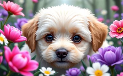 4k, cachorro habanero, de cerca, primavera, bokeh, perros, animales lindos, cachorros, mascotas, habanero, flores de primavera, cachorro en el césped, perro bichón habanero