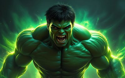 4k, 폐선, 어둠, 녹색 빛, 슈퍼 히어로, 마블 코믹스, 밤, 인크레더블 헐크, 삽화, 헐크 아트, 팬 아트, 헐크 4k