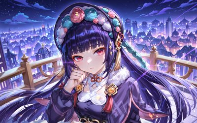 yun jin, 4k, cartoon stadtbild, genshin impact, nacht, anime charaktere, rote augen, genshin impact charaktere, yun jin genshin impact