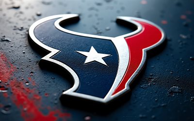 Houston Texans metal logo, 4k, blue red metal background, Houston Texans logo, grunge art, Houston Texans emblem, USA, Houston Texans, American football, NFL